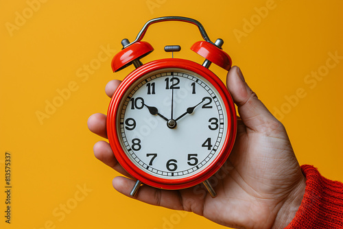 a hand holding a red alarm clock photo