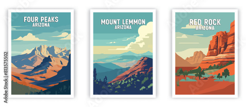 Four Peaks, Mount Lemmon, Red Rock Illustration Art. Travel Poster Wall Art. Minimalist Vector art