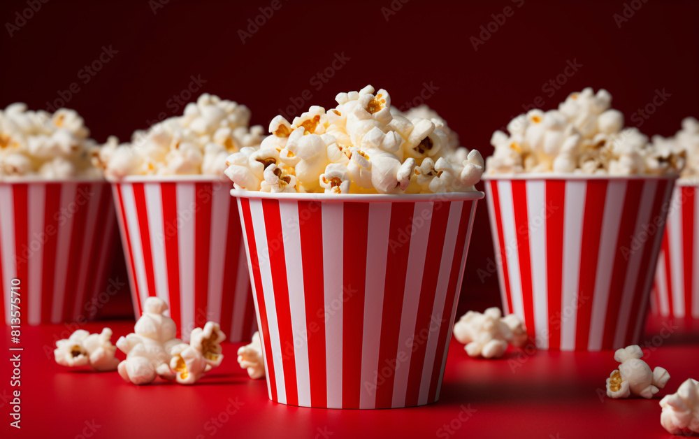 a group of red and white striped buckets with popcorn a group of red and white striped buckets with popcorn