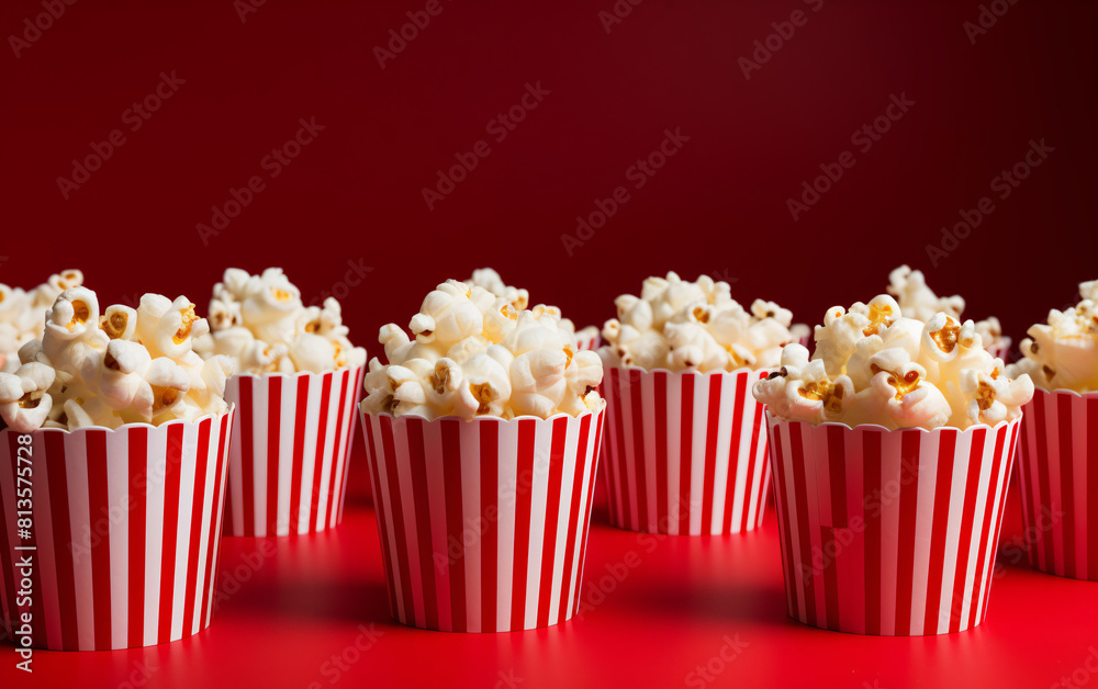 a group of popcorn in red and white striped cups a group of popcorn in red and white striped cups