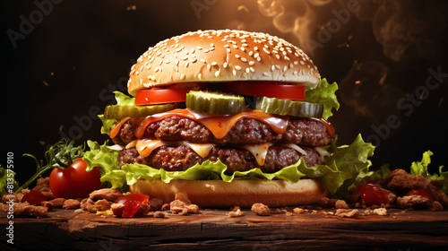 a burger with lettuce and tomatoes photo