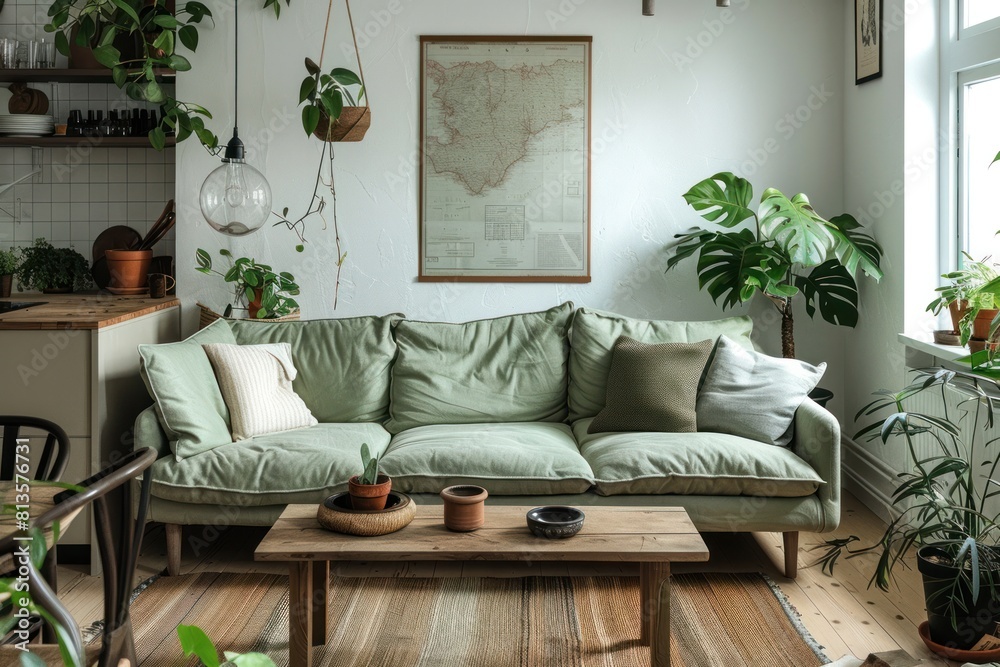 Fototapeta premium A living room with a green couch, a coffee table, and a large map on the wall