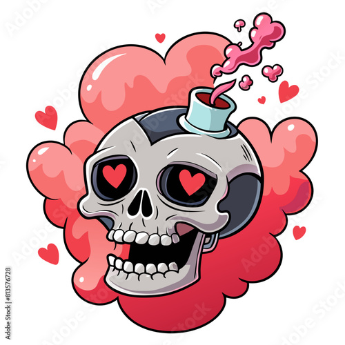 Hauntingly beautiful image of a skull releasing delicate heart-shaped smoke from its hollow eye sockets