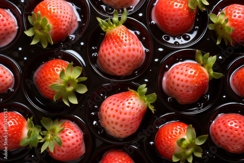 Close-up of abundant fresh strawberry on plastic container tray, showcasing the vibrant and juicy fruit harves photo