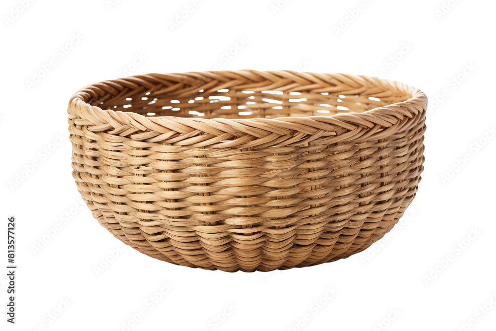 A brown wicker basket with a round shape and a large opening. It is empty and sitting on a white background.