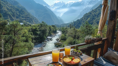 Breakfast with orange juice on the table overlooking mountains in a narrow valley, a green forest around, a river flowing through it, from the balcony of a rustic wooden house. Generative AI.