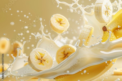 banana is being splashed with milk against a beige background photo
