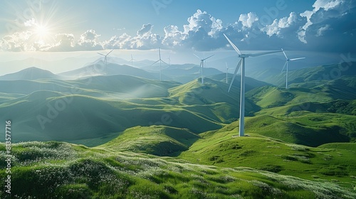 Renewable energy, green future, wind turbines above green hills. Generative AI.