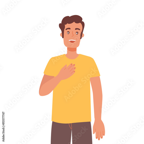 Young man holds hand on her chest heart. Gratitude.Heart gesture is a flat vector illustration on an isolated background.  photo