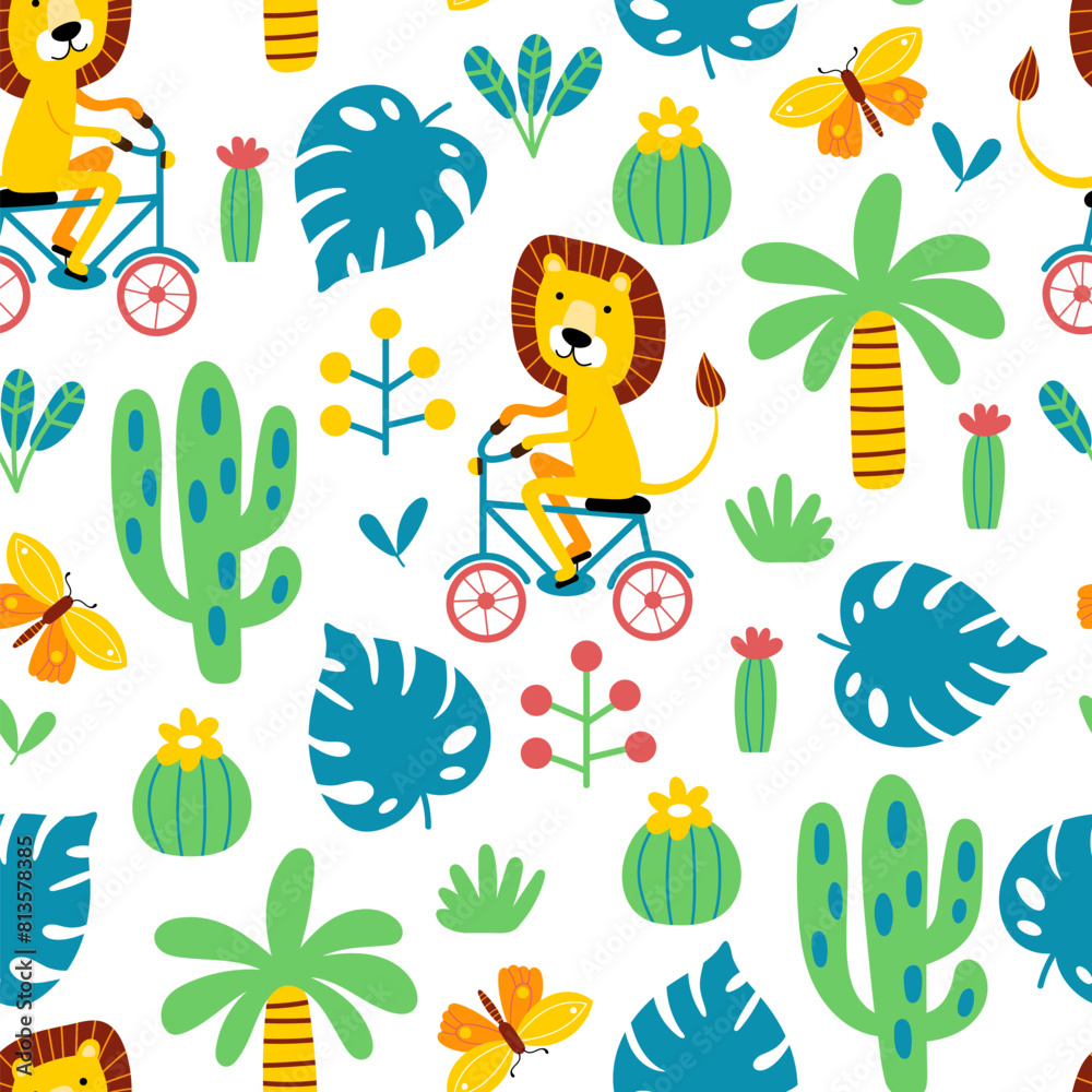 Seamless jungle pattern with lions Seamless jungle pattern with lions