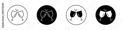 Glass-cheers icon set. champagne drink glass vector symbol. new year wineglass sign. Party celebration two cocktail glasses cheers icon in black filled and outlined style. photo