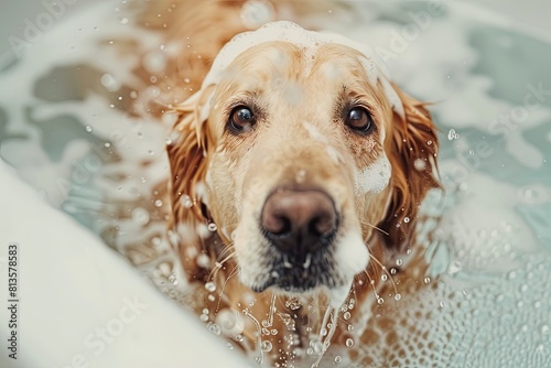 Golden Retriever dog being washed in a bathtub, looking at the camera, water splashes everywhere photo