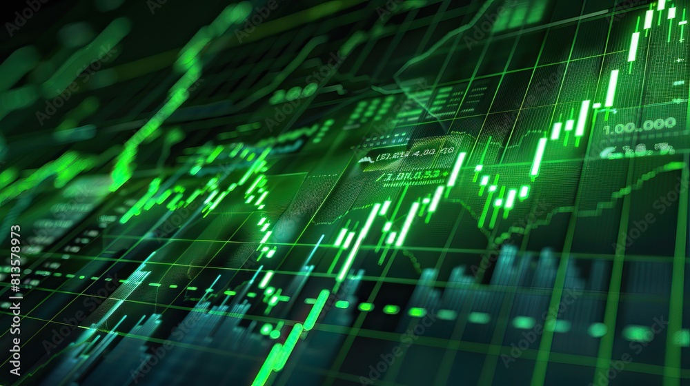 Glowing green stock market chart with upward trend on digital screen Glowing green stock market chart with upward trend on digital screen