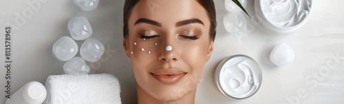 Woman with a lot of cream on her face. Banner photo