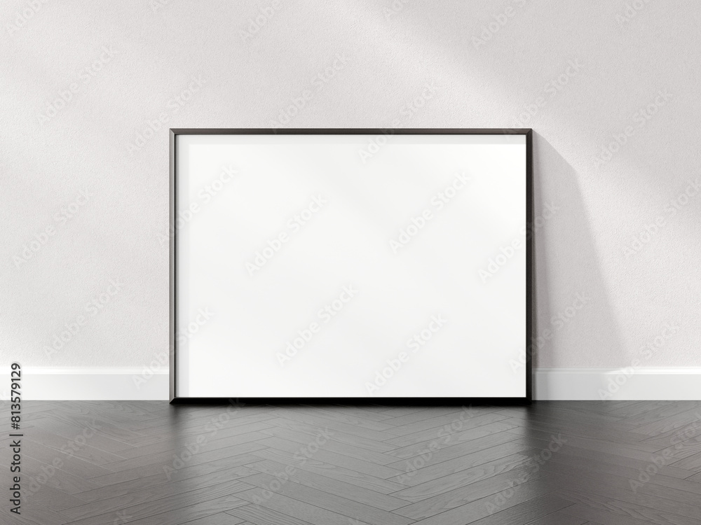 Minimalist scene featuring a blank white canvas or poster frame leaning against a textured gray wall, with a herringbone pattern wood floor, 3d render. Minimalist scene featuring a blank white canvas or poster frame leaning against a textured gray wall, with a herringbone pattern wood floor, 3d render.