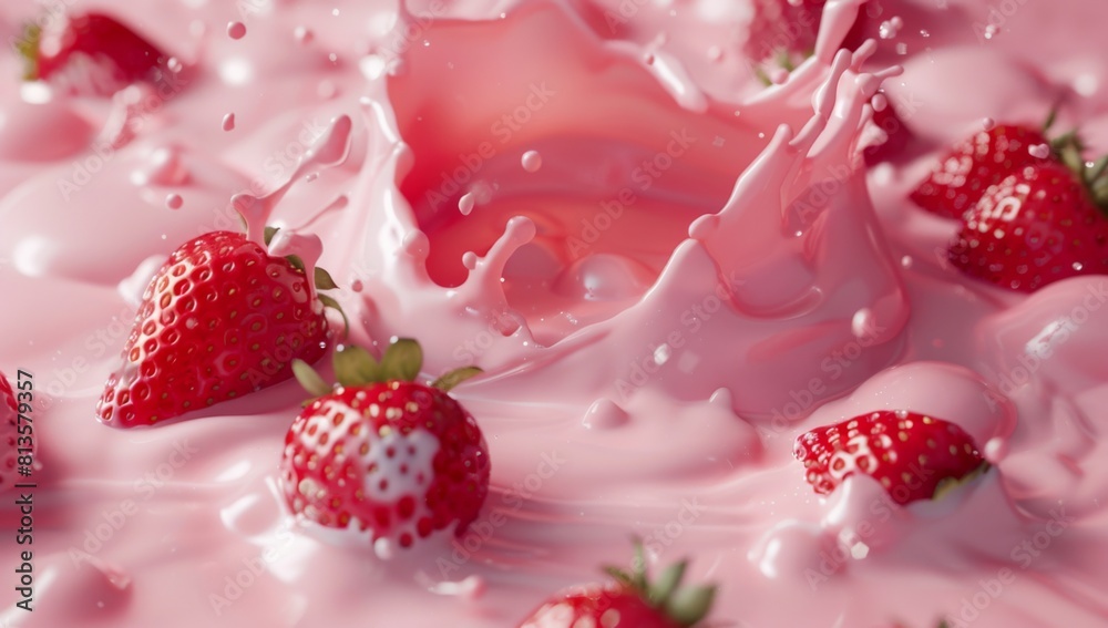 Beautiful background with strawberries and a milk splash Beautiful background with strawberries and a milk splash