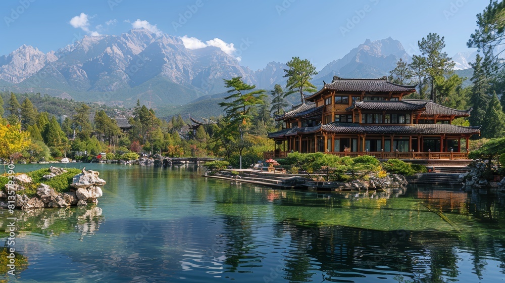 Fototapeta premium Tranquil Scene at Black Dragon Pool with Traditional Chinese Architecture and Majestic Mountains