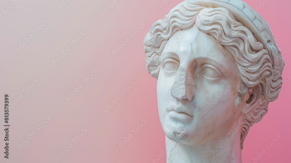 Contemporary colored lighting on classical sculpture head, blending ancient art with modern aesthetics