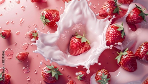 Beautiful background with strawberries and a milk splash