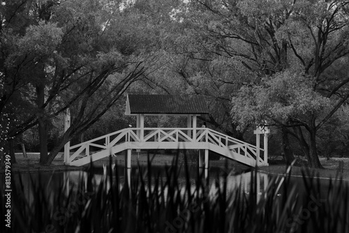 Photography Small white wooden bridge in a park in Shanghai, China