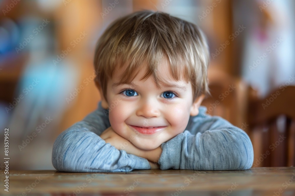 Child at Table. Closeup of Smiling Little Boy on Table, Cute Toddler with Crossed Arms Child at Table. Closeup of Smiling Little Boy on Table, Cute Toddler with Crossed Arms