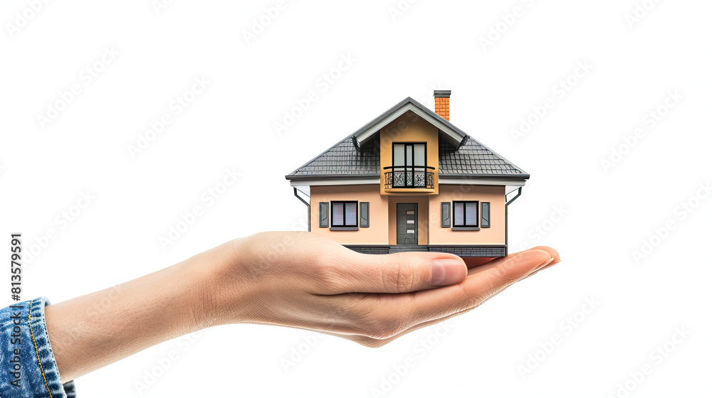 Human hand holding a modren house, isolated on white background Human hand holding a modren house, isolated on white background