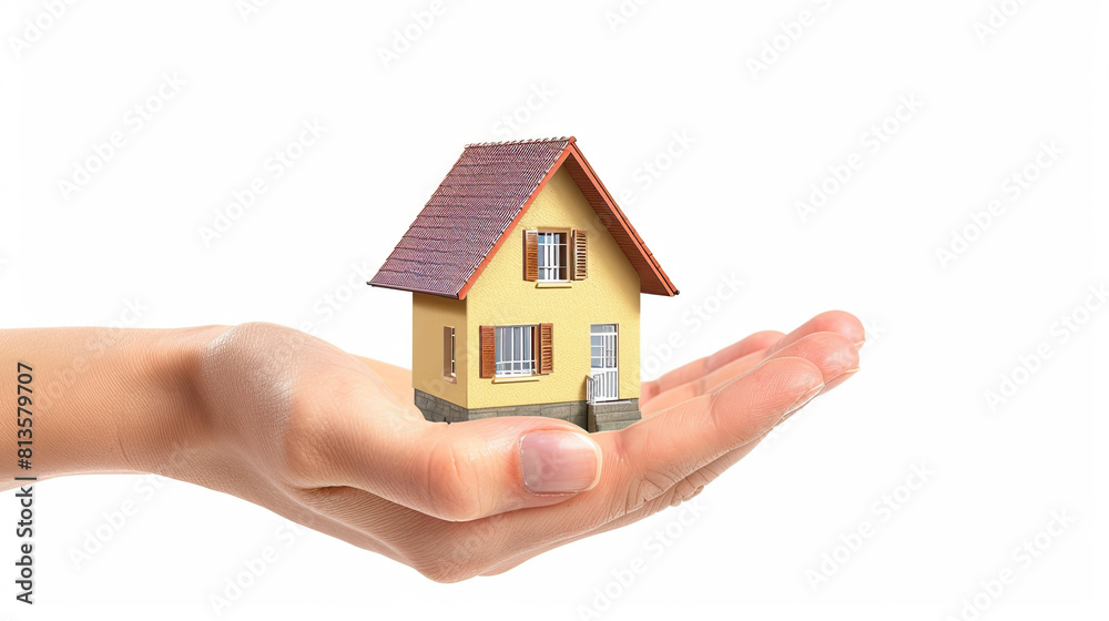 Human hand holding a modren house, isolated on white background Human hand holding a modren house, isolated on white background