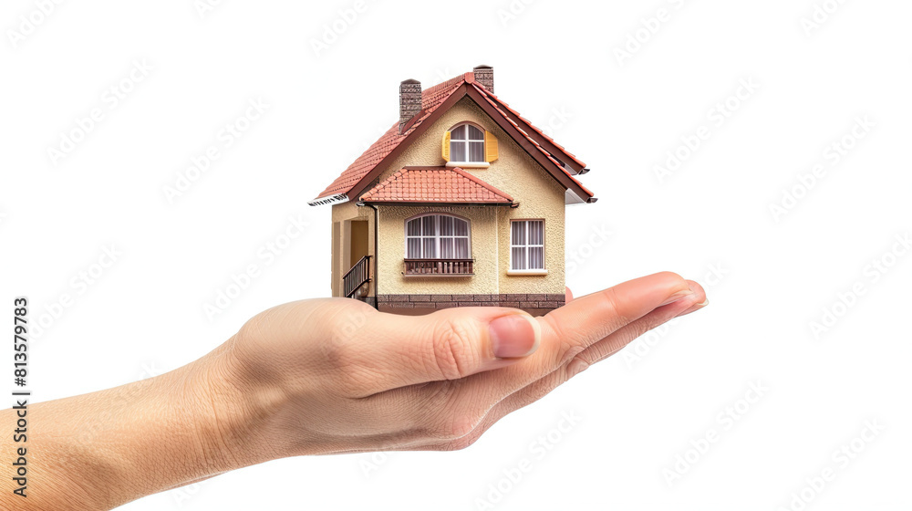 Human hand holding a modren house, isolated on white background Human hand holding a modren house, isolated on white background