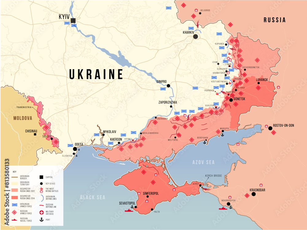 Frontline in Ukraine. Detailed situation between Ukrainian and Russian armed forces with key cities and direction. Vector illustration map. Geopolitical set concept.