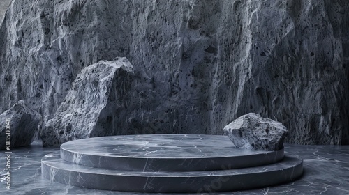 A dramatic natural rock podium in a cave, with spotlighting and textured walls