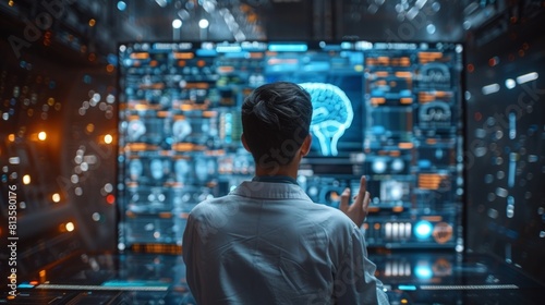 Wallpaper Mural Man Interacting with Advanced Brain Analysis Interface in High-Tech Laboratory Torontodigital.ca