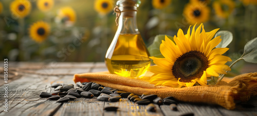 Sunflower oil and sunflowers on a wooden table photo