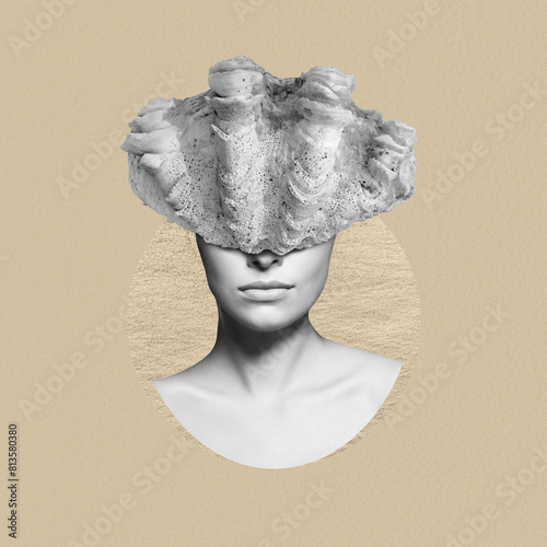 Fine-art, states of mind concept. Abstract and surreal woman illustration collage. Grunge and grain effect. Big sea shell over model eyes and sea or ocean pattern circle behind model