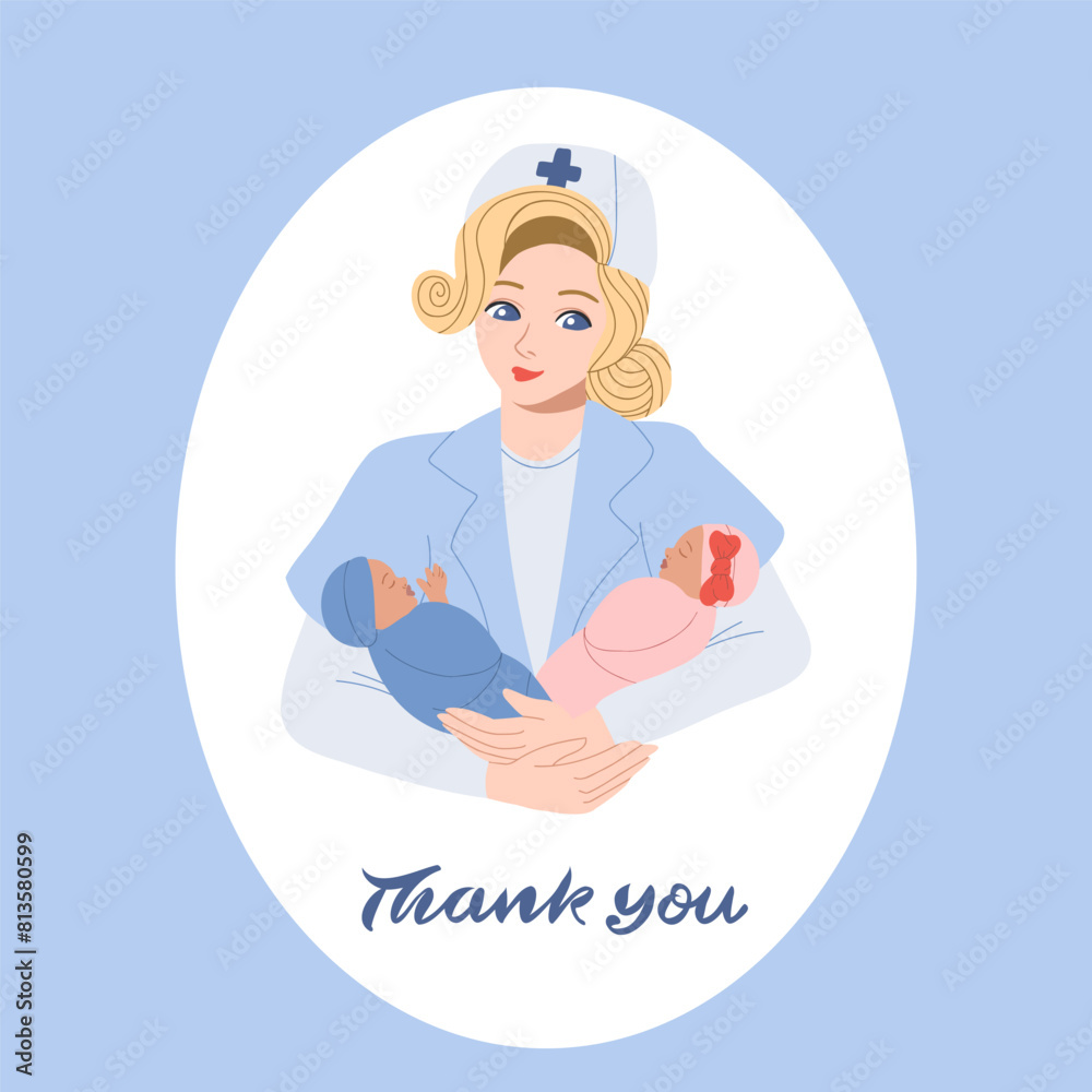 MidwifeMidwife holding a babies in her arms. Vector hand drawn illustration. International Midwife Day postcard design. A smiling female doctor holds a newborn baby. Thank you quote._2 MidwifeMidwife holding a babies in her arms. Vector hand drawn illustration. International Midwife Day postcard design. A smiling female doctor holds a newborn baby. Thank you quote._2