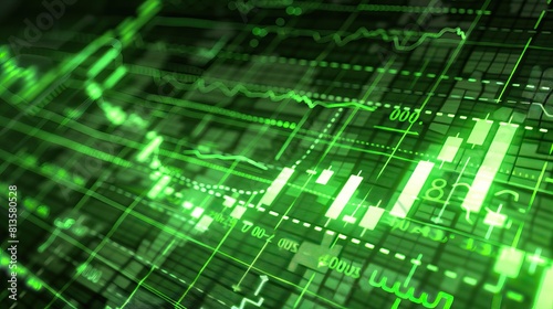 Glowing green stock market chart with upward trend on digital screen