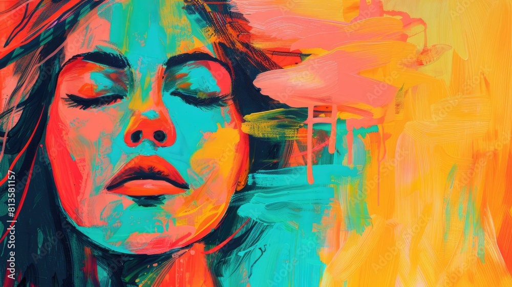 Abstract aesthetic vibrant colourful hand drawn woman face with acrylic brush strokes, background with geometric shapes, textured boho wallpaper, art print, poster, creative banner Abstract aesthetic vibrant colourful hand drawn woman face with acrylic brush strokes, background with geometric shapes, textured boho wallpaper, art print, poster, creative banner