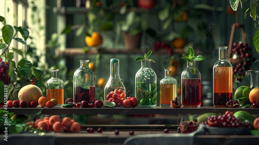 A creative laboratory setup, featuring several beakers filled with juices, complemented by scattered fruits like pomegranates and berries on a dark wood workbench. Generative AI. A creative laboratory setup, featuring several beakers filled with juices, complemented by scattered fruits like pomegranates and berries on a dark wood workbench. Generative AI.