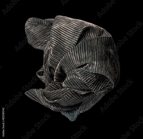 Silver drape fabric flying in curve shape, Piece of textile Silver drape fabric throw fall in air. Black background isolated motion blur