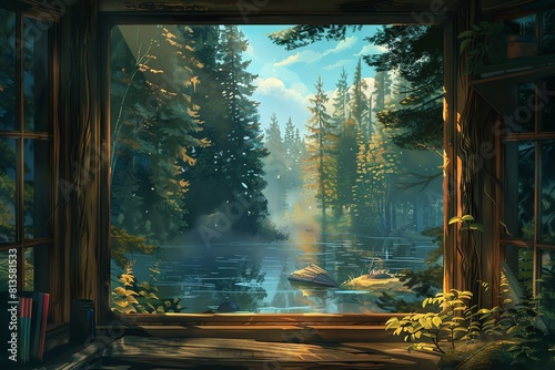 Fantasy landscape with a lake in the forest and a wooden window © Paisan