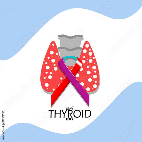 World Thyroid Day event banner. Illustration of the windpipe and thyroid with a three-color campaign ribbon on a white background to commemorate on May 25th