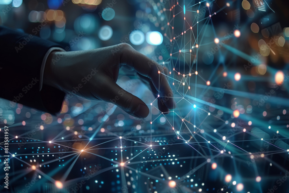 Marketing automation and digital advertising are illustrated by a businessman touching a network connection on an online marketing system. Generative AI. Marketing automation and digital advertising are illustrated by a businessman touching a network connection on an online marketing system. Generative AI.