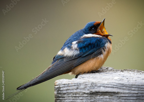 Barn Swallow perched on a post with blurred background and open mouth.