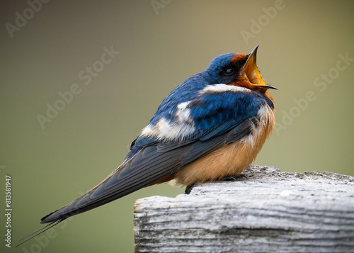 Photography Barn Swallow perched on a post with blurred background and open mouth