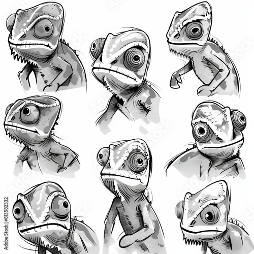 Captivating Chameleon Emotions Ink Drawing Set in Black and White photo