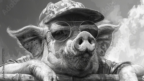 Animated sketch engraving generative modern illustration featuring a pig with sunglasses and a cap. Imitative scratch board style.