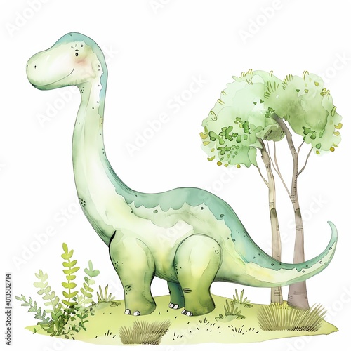 A watercolor illustration of a friendly dinosaur