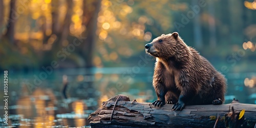 Brown bear sitting on a log in the autumn forest. Wildlife scene