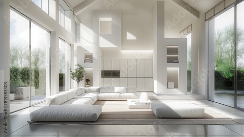 Minimalist living room  bright sunlight  white wall decoration. Generative AI.