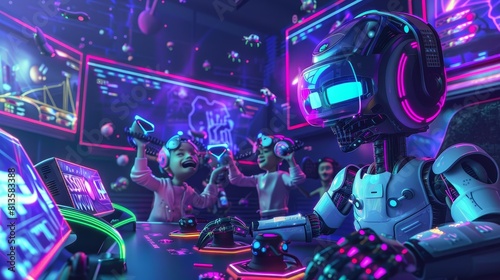 A robot playing neonlit virtual reality games with excited alien kids photo