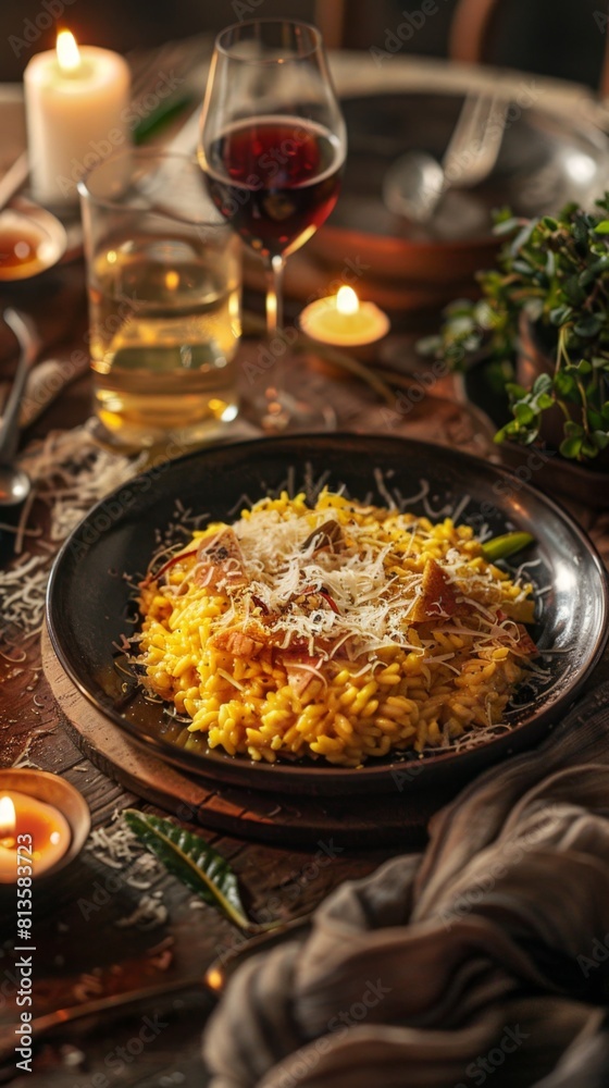 Plate of food on a table with candles. Italian food . Vertical background Plate of food on a table with candles. Italian food . Vertical background